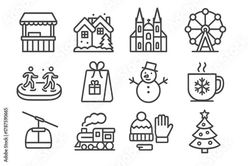 Festive European Icons. Festive Europe. Line outline icon set of christmas and winter tourism: market stand,