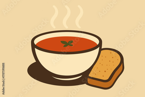 Tomato Soup and Bread. minimalist flat illustration of a steaming bowl of tomato soup with a slice of bread