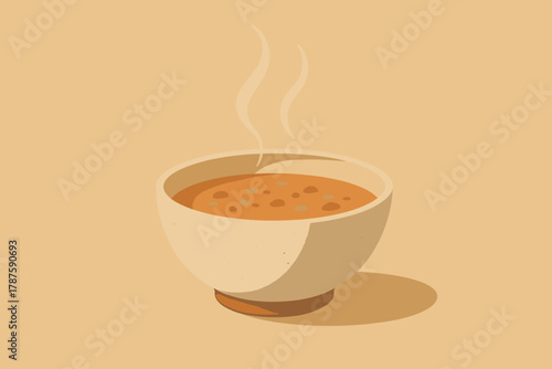 Warm Ceramic Soup Bowl. minimalist flat illustration of soup in a handmade ceramic bowl, soft shadows and