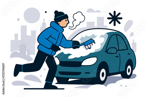 Frosty Morning Commute. Winter morning commute. A person brushes snow off a car windshield, steam visible from