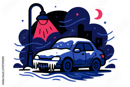 Icy Night Glow. Frozen street scene. A single car covered in frost beneath a glowing streetlamp, icicles