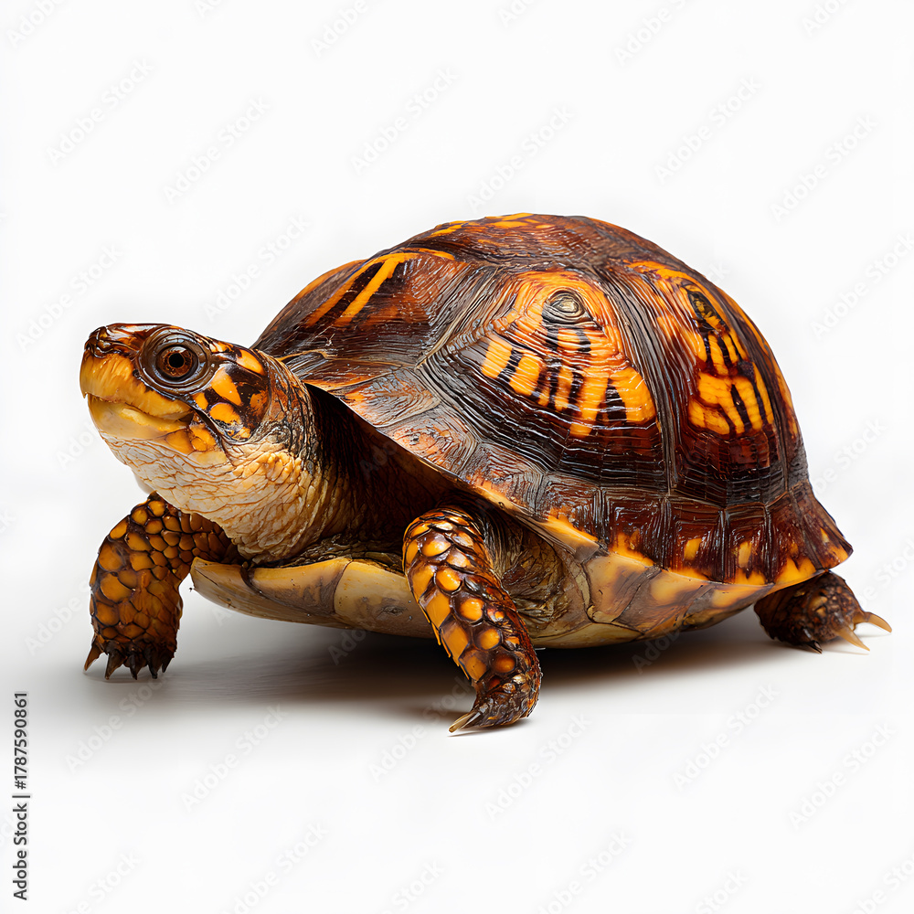 Obraz premium Turtle’s Grace: A close-up shot of a box turtle, showcasing the beautiful patterns of its shell and focused expression, offering a glimpse into the gentle life of this reptile.