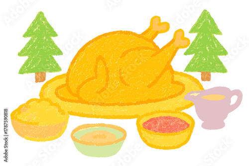 Festive Turkey Feast. "Christmas dinner roasted turkey". Naive doodle of a big turkey surrounded by mashed