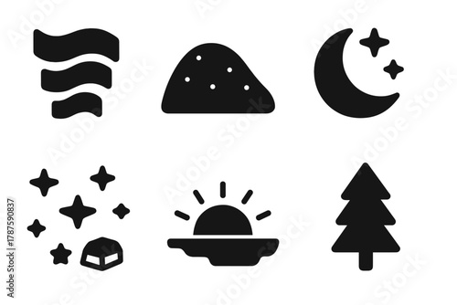 Arctic Icon Set. Arctic Night. Filled icon set of Arctic Night: aurora stripe, snowy hill, frozen bay, moon,