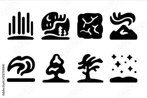 Polar Lights Icon Set. Polar Lights. Filled icon set of Polar Lights: glowing beam, night landscape, snow