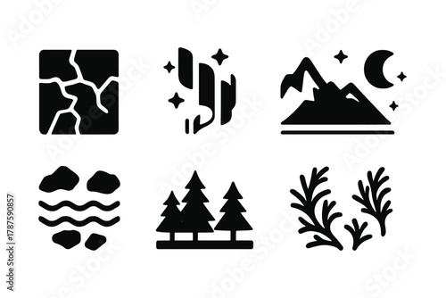 Arctic Icon Set. Arctic Reflection. Filled icon set of Arctic Reflection: frozen surface, aurora beam,