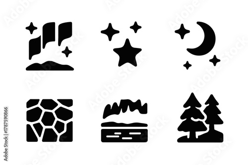 Starry Aurora Icons. Starry Aurora. Filled icon set of Starry Aurora: northern glow, shining stars, moonlight,