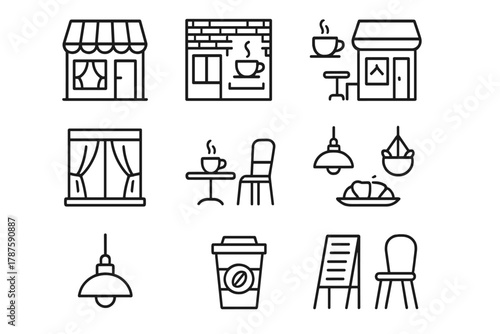 Urban Coffee Icon Set. Urban Coffee Shops. Line outline icon set of city café fronts: coffee shop with canopy,