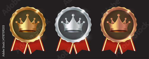 Photography Gold, Silver, Bronze Crown Medals with Red Ribbons - 1st, 2nd, 3rd Place Winner