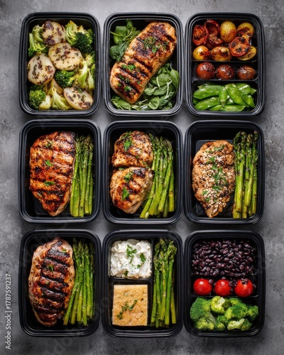 Weekly Meal Prep with Chicken and Vegetables.Flat lay of weekly meal prep containers with grilled chicken, green vegetables, rice, and healthy sides. Ideal for fitness, portion control