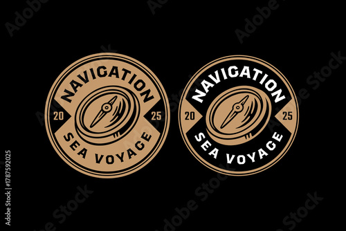 Maritime compass retro badge logo design set for adventure. Navigation tool vintage patch illustration graphic pack for explorer. Nautical compass rustic emblem vector element design for outdoor sport