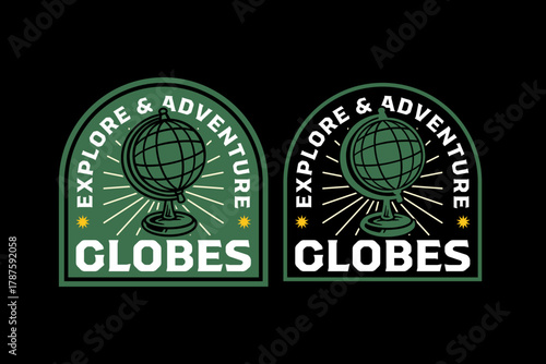 World globe retro badge logo design set for adventure. Terrestrial earth model vintage patch illustration graphic pack for outdoor. Geography globe rustic emblem vector element designs for travel