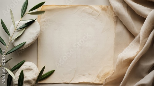 A natural and symbolic background with olive leaves, white stone texture, and beige fabric elements, creating a calm, balanced, and spiritual atmosphere. Subtle soft lighting, minimalistic composition