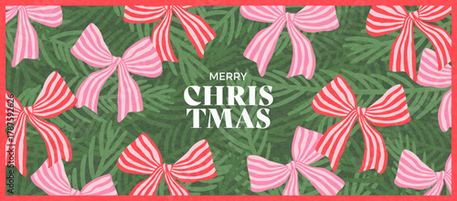 Hand drawn horizontal background of Merry Christmas and Happy New Year. Vintage concept template with gift bow, Christmas tree branch, texture. Trendy design for banner, cover, print, invitation, card