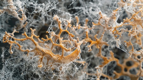 Close-up macro of organic structure resembling fungal mycelium or coral texture, ideal for science, nature, or abstract art themes.