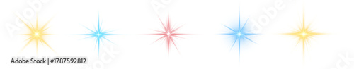 Colorful glowing stars PNG set. Bright luminous sparkles and gradient light shapes create festive energy. Perfect for celebration cards, magic backgrounds, and fantasy art.