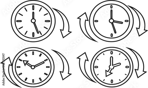 A set of wall clocks vector illustration showing business time icons and watch faces