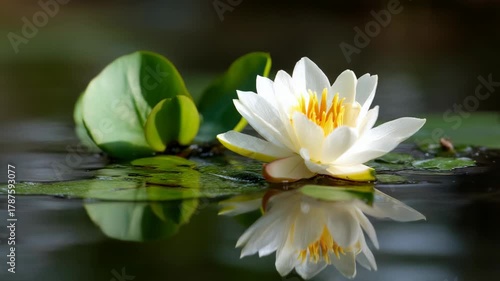 Wallpaper Mural A serene image of a white water lily flower blooming gracefully on a calm pond, surrounded by green lily pads and reflected in the still water Torontodigital.ca