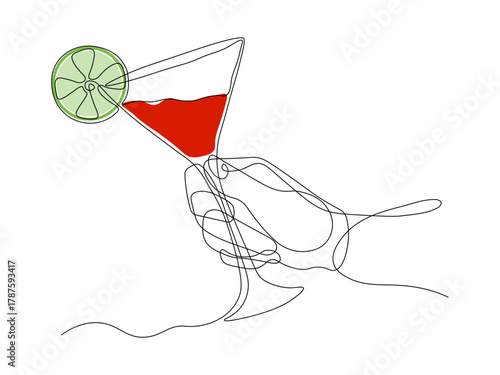 hand with glass of Cosmopolitan cocktail and Lime fruit. continuous single one line art hand drawing sketch, logo on white background