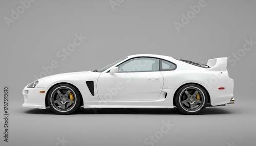 Wallpaper Mural Side View - Legendary JDM White Sports Car with Iconic Design and Performance Upgrades on Grey Background Torontodigital.ca