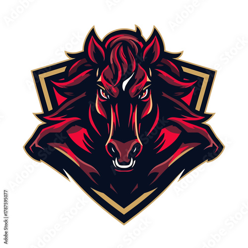 Powerful stylized horse head emblem in dynamic red, black, and gold. Ideal for sports mascots and brand identity designs