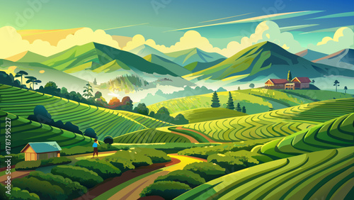 Endless green tea terraces rolling over hills, farmers tending rows of tea bushes, mist rising in the morning, mountains in the distance, sunlight filtering through clouds, tranquil agricultural scene