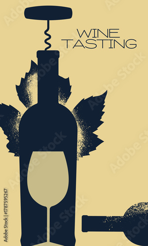 Wine bar banner, party concept, wine bottle with a corkscrew, bottle lying down, glass, grape leaf. Outline image of wine bottles, grunge texture, scuff marks, drinking, alcoholism, red wine