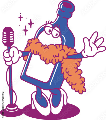 Cartoon Bottle Character Singing with Microphone and Feather Scarf – Retro Music Diva Vector Illustration