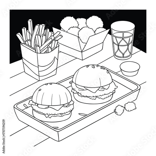 A detailed black and white illustration of two juicy burgers, fries, and side snacks on a tray