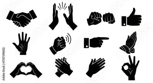Diverse hand gestures conveying agreement, celebration, direction, prayer, and approval for modern communication and business needs.