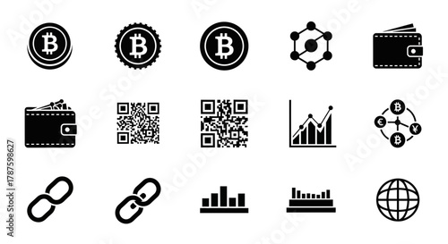 Dynamic collection of modern cryptocurrency and finance icons representing blockchain, digital wallets, QR codes, global markets, and financial growth analytics