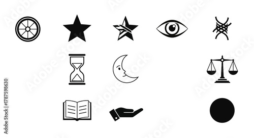 Collection of modern minimalist icons representing abstract concepts knowledge time justice and vision