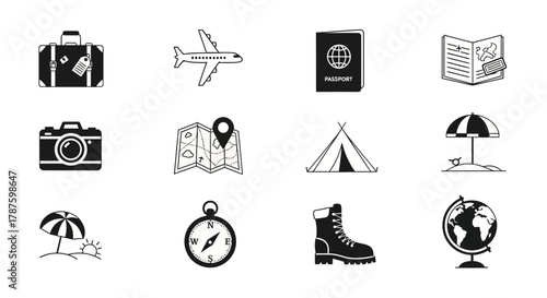 Embark on your next adventure with this collection of essential travel icons including luggage, plane, passport, map, camera, tent, and globe.