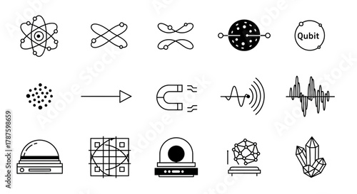 Dynamic science and technology icons representing atoms, qubits, waves, and complex systems for innovative projects