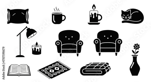 Cozy home elements including comfortable armchairs, soft pillows, warm blankets, and soothing candles for ultimate relaxation and comfort.