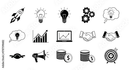 Ignite innovation and achieve success with these dynamic business icons featuring rockets, ideas, growth charts, and collaboration for modern ventures.