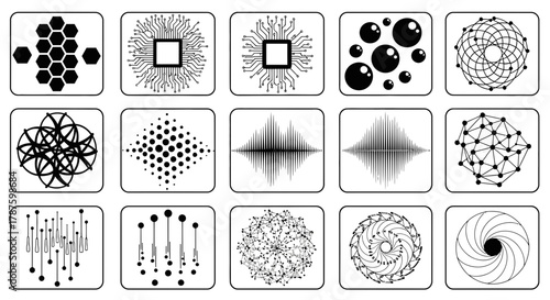 Dynamic abstract icons representing data, networks, technology, and sound waves for modern digital concepts and branding