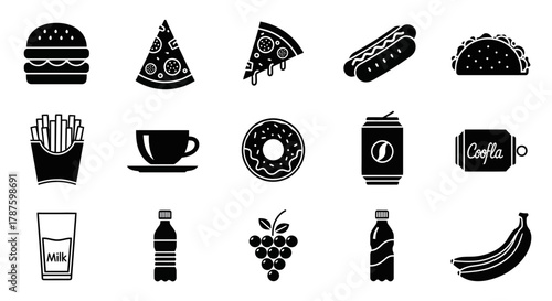 Delicious variety of fast food and drink icons perfect for menus, apps, and branding projects