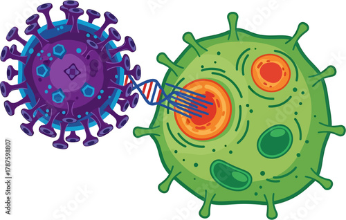 Illustration of a virus injecting its DNA into a host cell, depicting the process of infection and genetic transfer in a biological context