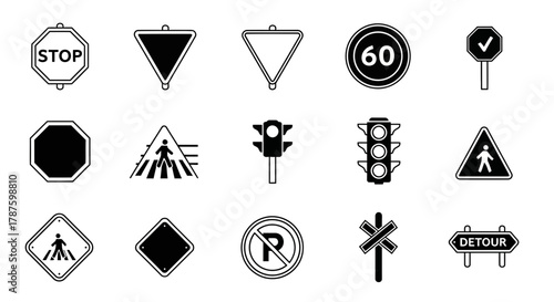 Essential traffic and road safety icons including stop signs, pedestrian crossings, traffic lights, and speed limits for clear navigation and urban planning guidance.