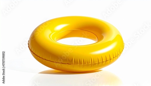 Bright yellow inflatable swim ring with hollow center and visible seams, fully inflated and placed against a plain white background to highlight vibrant summer leisure gear.