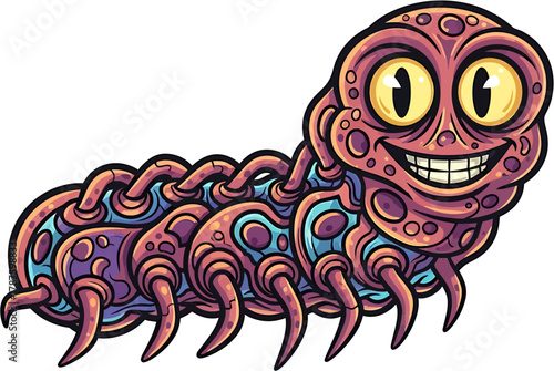 A friendly, smiling, purple and orange cartoon caterpillar with many legs and big yellow eyes is depicted against a white background