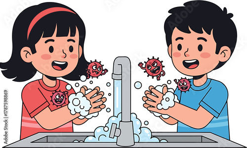 Children Washing Hands Hygiene Illustration, Preventing Germs and Diseases with Proper Handwashing Practices