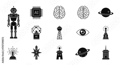 Explore the cutting edge of innovation with these modern icons representing AI, robotics, space, and advanced technology concepts for dynamic projects.