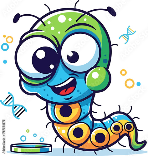 Joyful Cartoon Larva Engaged in Scientific Discovery, Surrounded by DNA Strands and Lab Elements, a Fun Representation of Genetics and Biology Education and Innovation