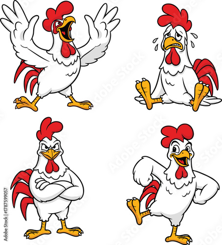 Cartoon rooster showing multiple emotions and poses, expressive farm character illustration for animation, storytelling, education, humor, and children’s content