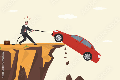 Owner pulls modern car from the abyss with rope. Man trying to save his car. Financial problems of debt or loan. Driver fails to cope with auto breakdowns.