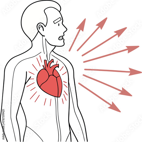 Illustration of sick man suffering from chest pain with heart symbol and arrows illustration healthcare concept in flat design