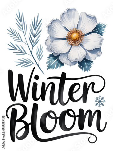 Elegant watercolor winter bloom design with delicate white flower, leaves, and snowflake for seasonal projects