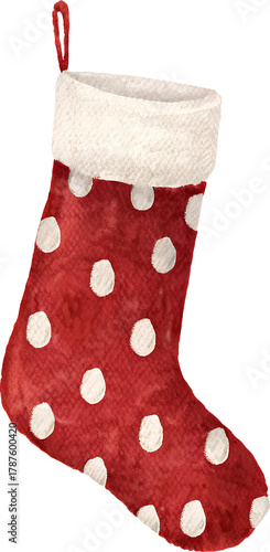 Watercolor christmas stocking with polka dots on transparent background.